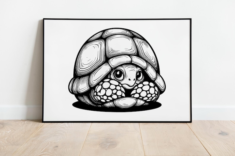May include: Black and white line art illustration of a turtle with its head and legs tucked inside its shell.