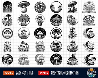 30 Mushroom SVG Bundle, Mushroom Svg Png, Flower Mushroom Svg, Moon Mushroom Svg, Mushroom Book Svg,laser Cut files Silhouette Clipart Print