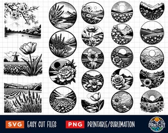 Paquete de 25 SVG de escenas de flores, archivo cortado con láser de flores, archivo láser floral, SVG de flores silvestres, SVG de letrero floral, impresión de imágenes prediseñadas SVG de flores silvestres