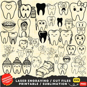 以下が含まれることがあります： 様々な表情やデザインの歯の白黒デジタルイラスト。ハートの歯やリボンの歯など。画像には「LASER ENGRAVING / CUT FILES PRINTABLE / SUBLIMATION」というテキストも含まれています。