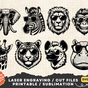 Paquete de animales de Safari, animales de Safari geniales, animales de Safari divertidos, imágenes prediseñadas de animales, impresión png, archivos de corte láser de animales, gafas de sol de animales