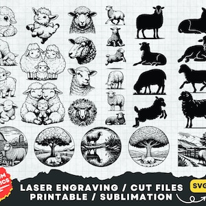 Lot de moutons Svg, Svg d'agneau, moutons des cliparts Png, tête de mouton agneau Svg, Svg de tête, fichier découpé au Laser animaux de la ferme, Silhouette de mouton, Svg des animaux de la ferme