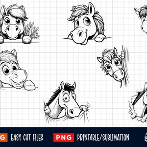 May include: A set of six black and white digital illustrations of cartoon horses peeking around corners. The horses have large eyes and are drawn in a simple, whimsical style.