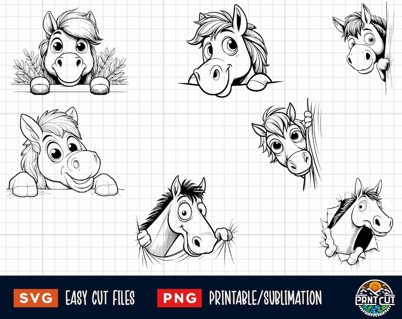 May include: A set of six black and white digital illustrations of cartoon horses peeking around corners. The horses have large eyes and are drawn in a simple, whimsical style.