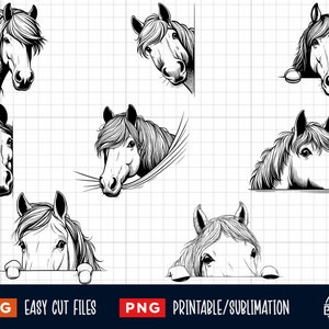 May include: A set of eight black and white digital illustrations of horse heads peeking over a surface. The horse heads are drawn in a realistic style with detailed features.