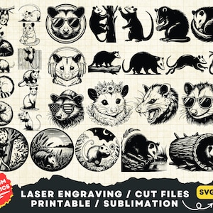 Possum Svg bundle, Opossum Svg, Clipart Opossum Png Print, Opossum Head Svg, Opossum Laser Cut File, Opossum Silhouette, Cute Opossum Svg