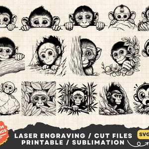 Peeking Monkey SVG Bundle, Funny Peeking Monkey SVG, Monkey Head SVG, Monkey Face SVG, Peeking Monkey Laser Cut File Clipart Vector Cricut