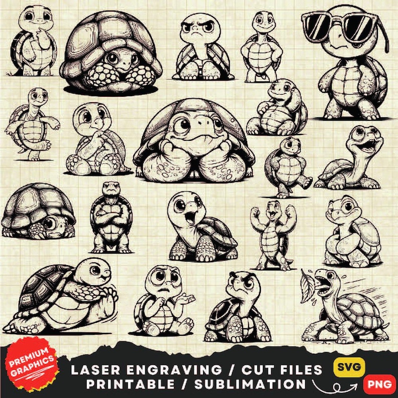 May include: A set of 20 black and white turtle illustrations. The turtles are in various poses, including walking, sitting, and standing. Some turtles are wearing sunglasses. The illustrations are perfect for laser engraving, cutting, printing, or sublimation.