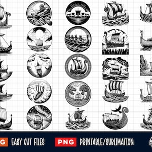 May include: A set of 20 black and white SVG and PNG digital files featuring various Viking ship designs. The designs include ships with oars, sails, and figures on deck. The files are perfect for crafting, printing, and sublimation projects.