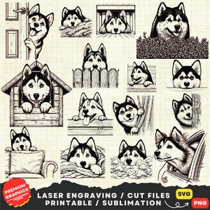Bundle Husky SVG, Svg Husky furtif, Husky Svg, Husky Png, tête Husky Svg, Svg visage Husky, Husky découpé au laser fichier Silhouette Clipart, svg chien