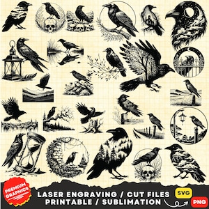 Paquete de 25 cuervos, cuervo en rama de árbol Svg, cuervo Svg, cuervo Svg, silueta de cuervo, clipart de cuervo, cráneo de cuervo, láser de cuervo volador