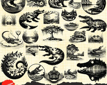 Alligator Scene Bundle, Crocodile Scene Svg, Cayman Scene Svg, Laser Cut Crocodile, Alligator Laser cut, Reptile Alligator Clipart Print