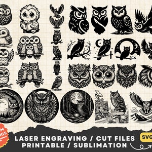 Paquete de búho svg, búho svg, búho clipart, búho png impresión, cabeza de búho svg, archivo de corte láser de búho, silueta de búho, dibujos animados de búho, dibujos animados de pájaros, contorno de búho