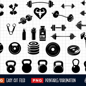 May include: A set of black and white gym-themed SVG and PNG digital files. The set includes images of dumbbells, barbells, kettlebells, a weight plate, a gym water bottle, a gym tank top, and a heart with a weightlifter inside. The text "EASY CUT FILES" and "PRINTABLE/SUBLIMATION" are included in the image.