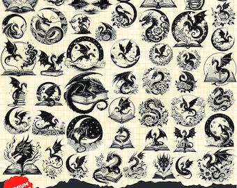 Magical Dragon SVG, Book Dragon Svg, Floral Dragon Svg, Moon Dragon Flower, Dragon Laser Cut, Dragon Svg, Dragon Clipart, Dragon Reading Svg