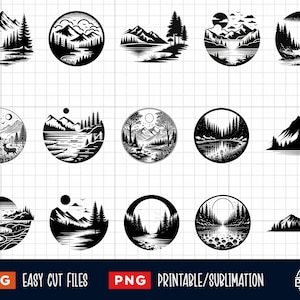 15 landschap Svg Png, bosscène Svg, landschap laserbestanden, zonsondergang scène svg, natuur Svg, bergen Svg, natuur scène Svg, Clipart Print