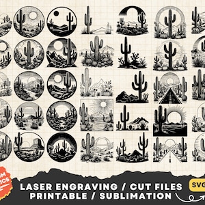 Bundle SVG scène du désert, désert Svg, Svg cactus du désert, cactus scène Svg, svg paysage désertique, désert des cliparts Png, fichier découpé au laser du désert