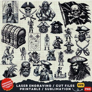 Lot pirate, Svg pirate, Png pirate, fichiers pirates découpés au laser, Clipart pirate, nautique Svg Png, Svg scène pirate, carte pirate, crâne de pirate