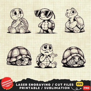 May include: Six black and white illustrations of cartoon turtles in various poses. Some turtles are wearing sunglasses. The turtles are drawn in a simple, cartoon style.