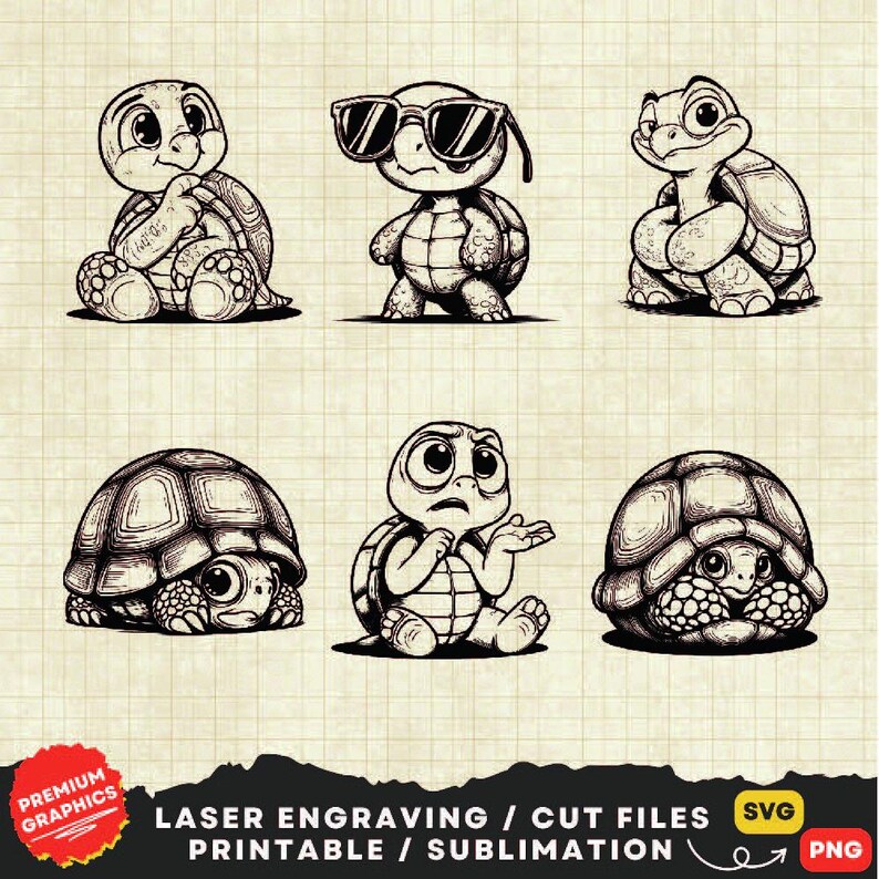May include: Six black and white illustrations of cartoon turtles in various poses. Some turtles are wearing sunglasses. The turtles are drawn in a simple, cartoon style.