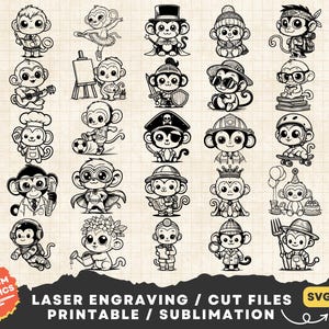 Paquete de 25 divertidos monos SVG, mono lindo SVG, clipart de mono PNG, mono de dibujos animados SVG, archivo de corte láser de mono, mono para niños SVG, mono SVG PNG