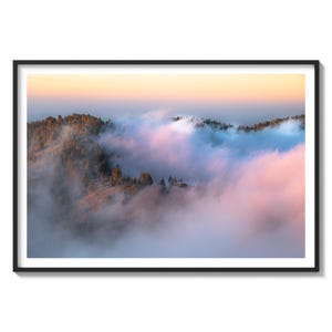 Serene Sunrise Over California's San Jacinto Mountains, Misty Wall Art Print, Pink and Blue Nature Wall Art, Foggy Mountain