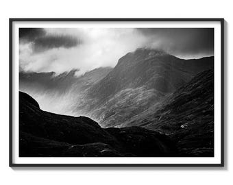 Glencoe Mountains Fine Art Print, Dramatic Black and White Scottish Highlands Photography, Mountain Wall Art, UK Made, Landscape Print
