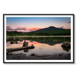 May include: A scenic landscape photograph of a lake with a mountain in the background. The sky is a vibrant pink and orange, reflecting in the still water. Several tree stumps are scattered throughout the lake, creating a unique and interesting composition.