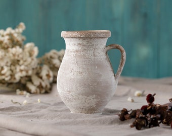 Wit Beige keramische vaas, handgemaakt aardewerk, vintage rustieke vaas, rustiek keramisch huisdecor, vintage huisdecor, handgemaakt