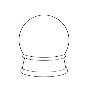 May include: A black and white line drawing of a snow globe. The snow globe is round with a base.