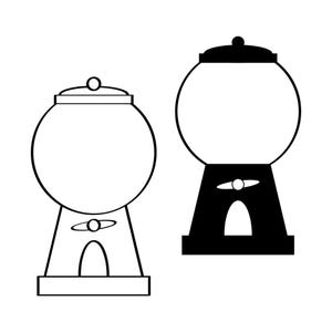 May include: Two black and white outline illustrations of gumball machines. One gumball machine is filled with gumballs and the other is empty.