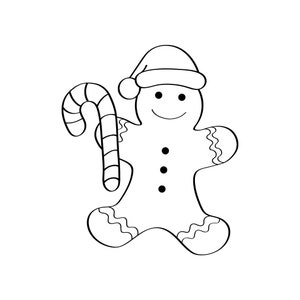 Pode incluir: Um desenho a preto e branco de um homem de gengibre a usar um chapéu de Pai Natal e a segurar um bastão de caramelo.