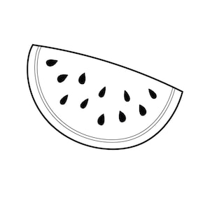 May include: A black and white illustration of a watermelon slice. The slice is crescent-shaped, with a white interior and a black rind. Black seeds are scattered throughout the white flesh.