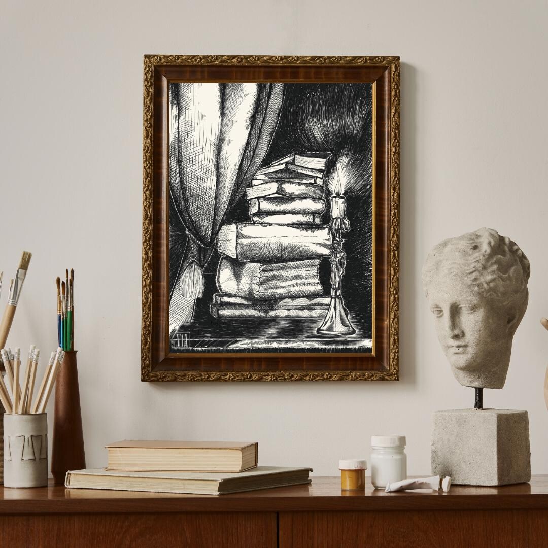 Book Stack Illustration Print | Dark Academia Crosshatch Wall Art - Etsy