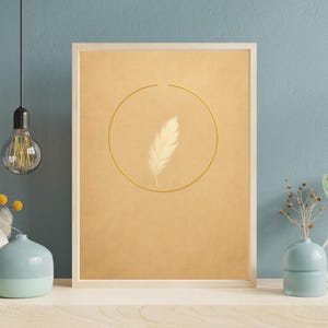 Minimalist Feather Wall Art Print, Gold Circle Boho Printable Poster, Neutral Scandinavian Wall Decor, Modern Living Room Bedroom Art