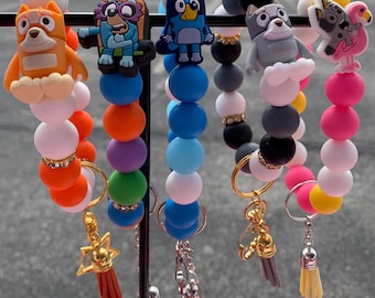 Handmade Blue Dog Silicone Bead Wristlet Keychain