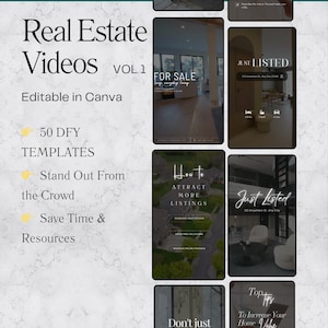 50 Real Estate Instagram Videos Reels Branding , Realtor Marketing Canva Template, Luxury Realtor Templates