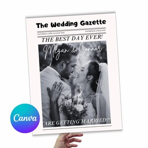 Składana drukowana gazeta ślubna, szablon gazety ślubnej Canva, szablon gazety ślubnej, program ślubu, gazeta Newlywed Times