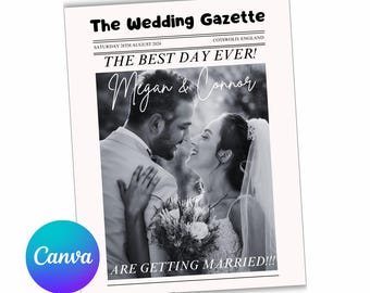 Folded Printable Wedding Newspaper, Wedding Newspaper Template Canva, Newspaper Wedding Template, Wedding Program, Newlywed Times News paper