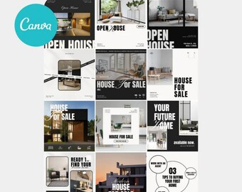 May include: A collection of social media graphics for real estate agents. The graphics feature images of modern homes, text overlays, and calls to action. Some of the text includes "Open House", "House for Sale", "Your Future Home", and "Modern House for Sale".