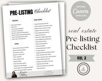 May include: A black and white checklist for real estate pre-listing, titled "Pre-listing Checklist Vol 3". The checklist includes items to prepare a home for sale, such as mowing the lawn, cleaning windows, and organizing closets.