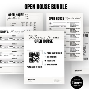 Op de afbeelding: Een zwart-witte printbare open huis-bordbundel met een QR-code, de tekst "Welkom bij ons Open Huis" en een checklist die bezoekers kunnen invullen. De checklist bevat vragen over hun vastgoedbehoeften, zoals of ze alleen aan het kijken zijn, van plan zijn om binnen een jaar te kopen of van plan zijn om te verkopen.