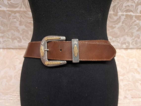 Vintage Western Style Brown Leather Belt with Sil… - image 1