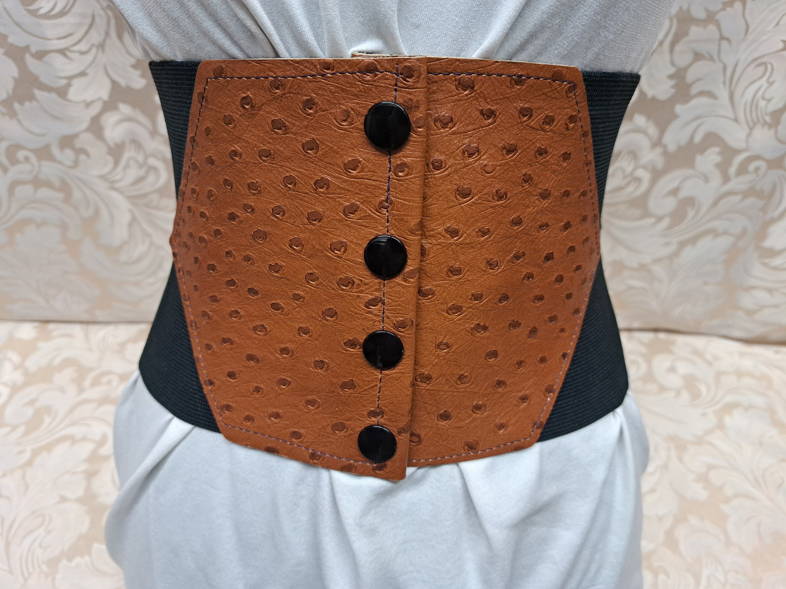 Vintage Black Stretch Belt With Tan Leather - Etsy display picture 1