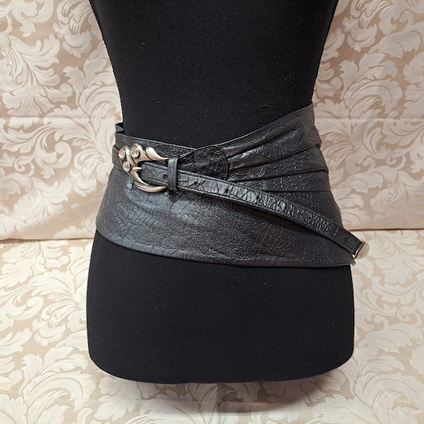 Vintage Obi-Style Wide Silver / Grey Shimmering Alligator-embossed Print Wrap Belt with Rhinestone Buckle