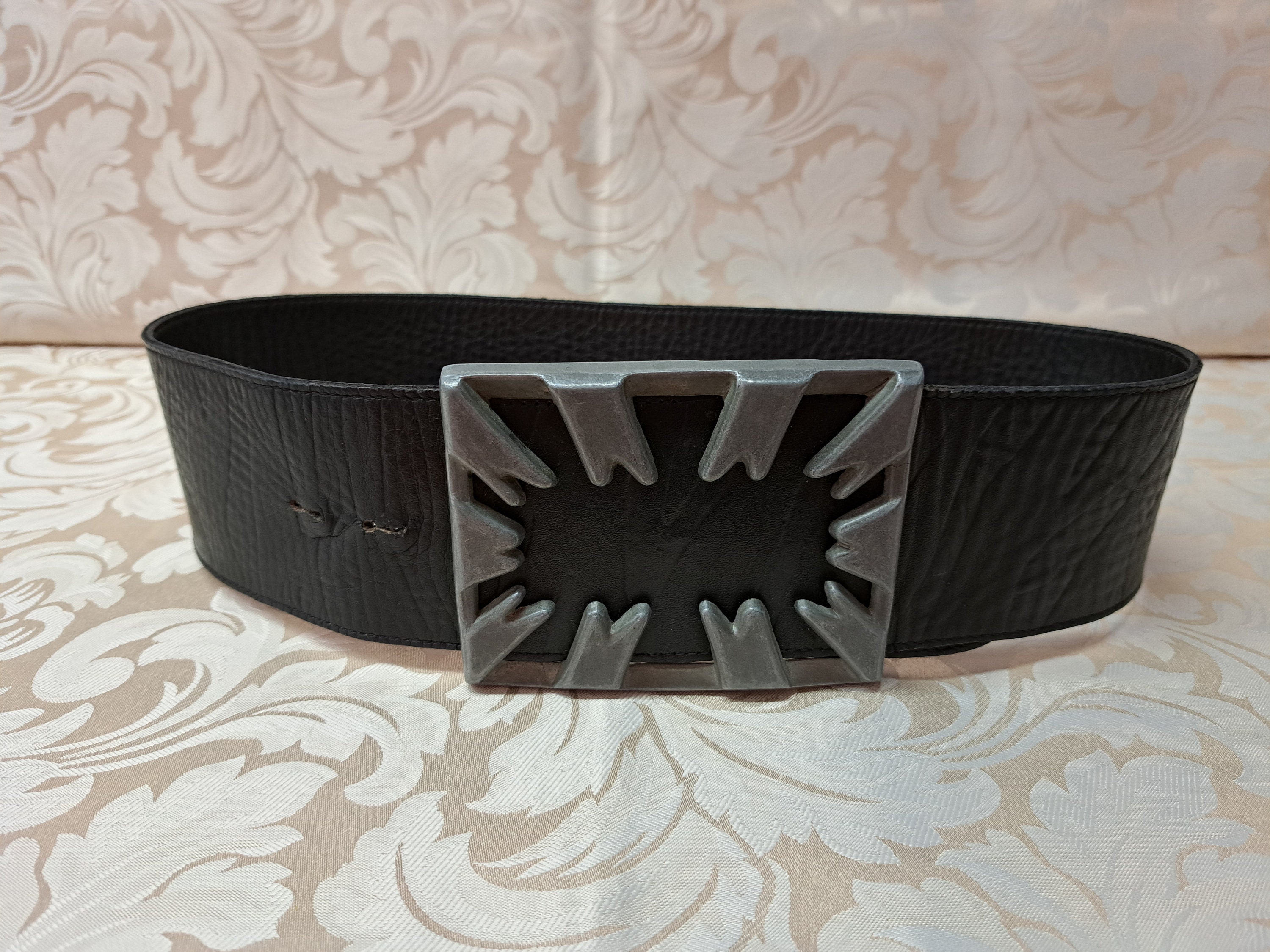 Vintage Black Leather Belt With Grey Metal Buckle - Etsy display picture 1