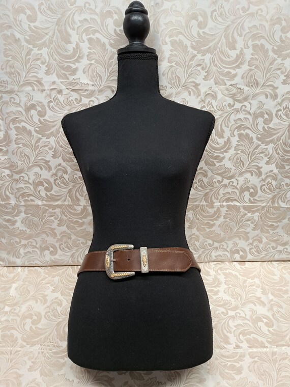 Vintage Western Style Brown Leather Belt with Sil… - image 2
