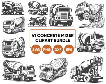 May include: A set of 41 black and white illustrations of concrete mixer trucks. The illustrations are in a vintage style and are perfect for use in a variety of projects, such as website design, social media graphics, and print materials. The illustrations are available in SVG, PNG, DXF, and EPS formats.