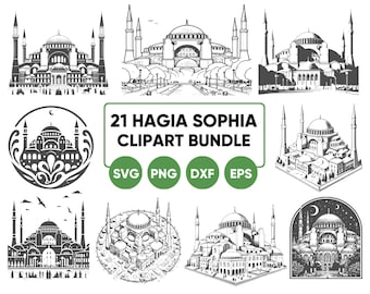 Puede incluir: Un conjunto de 21 ilustraciones vectoriales en blanco y negro de Santa Sofía, un famoso hito histórico en Estambul, Turquía. Las ilustraciones son de varios estilos, incluyendo dibujos arquitectónicos detallados, dibujos de líneas simples y diseños estilizados. El texto "21 Hagia Sophia Clipart Bundle" está incluido en la imagen.