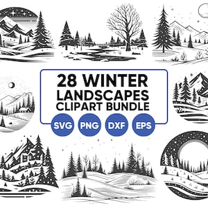 Paquete de 28 escenas de invierno svg, imágenes prediseñadas de invierno png svg dxf eps, imágenes prediseñadas de país de las maravillas de invierno, SVG de vacaciones, imágenes prediseñadas de escena de nieve, paisaje de invierno PNG